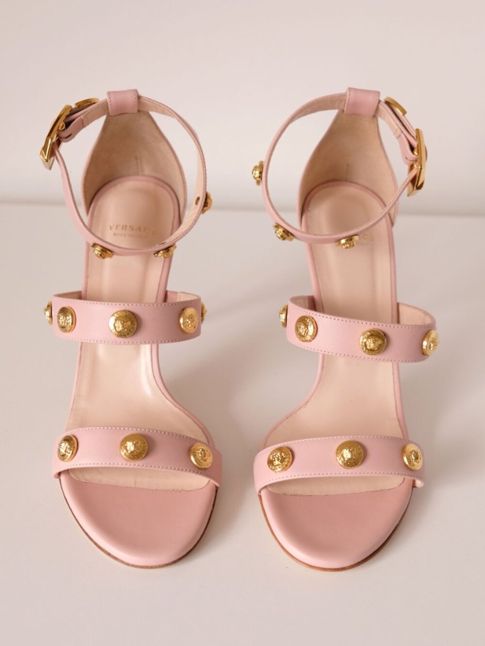 Versace Pink Leather Medusa Head Gold Studded Heeled Sandals, Very Good, Size 8